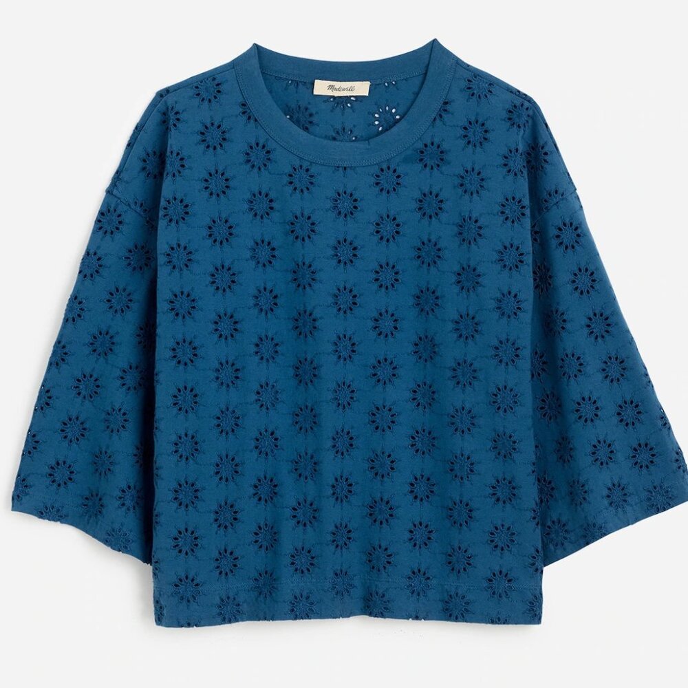 Madewell Embroidered Wide-Sleeve Boxy Tee in Sunfaded Blue size XXS NV969